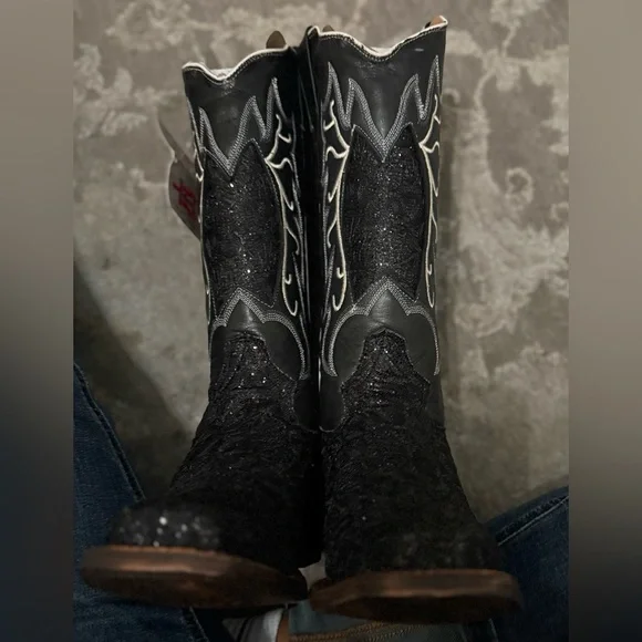 TANNER MARK COWBOY BOOTS 9.5 Black/white Shimmery Western Cowboy Boots NEW - Picture 6 of 13